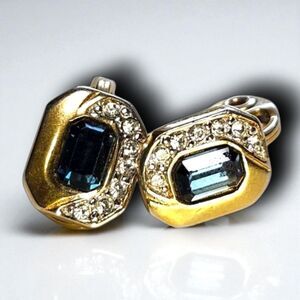 Vintage Monet Gold Tone Blue Rhinestone Clip On Earrings Art Deco Style Fancy
